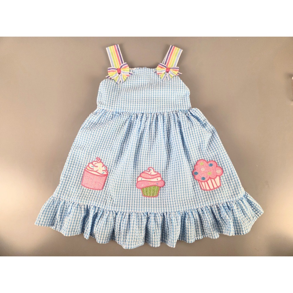 Emily Rose Toddler 4T Dress Blue Seersucker Gingham Embroidery Cupcake Birthday